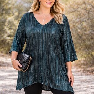 Evans Teal Metallic Pleated‎ Tunic Top Size 22 Plus Shimmer Party Holiday